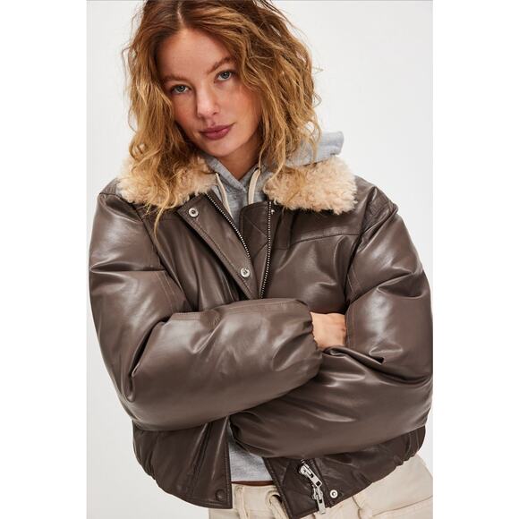 Stand Studio Fran Faux Fur Bomber Jacket Brown Size 6 NWT Free People - Picture 1 of 12